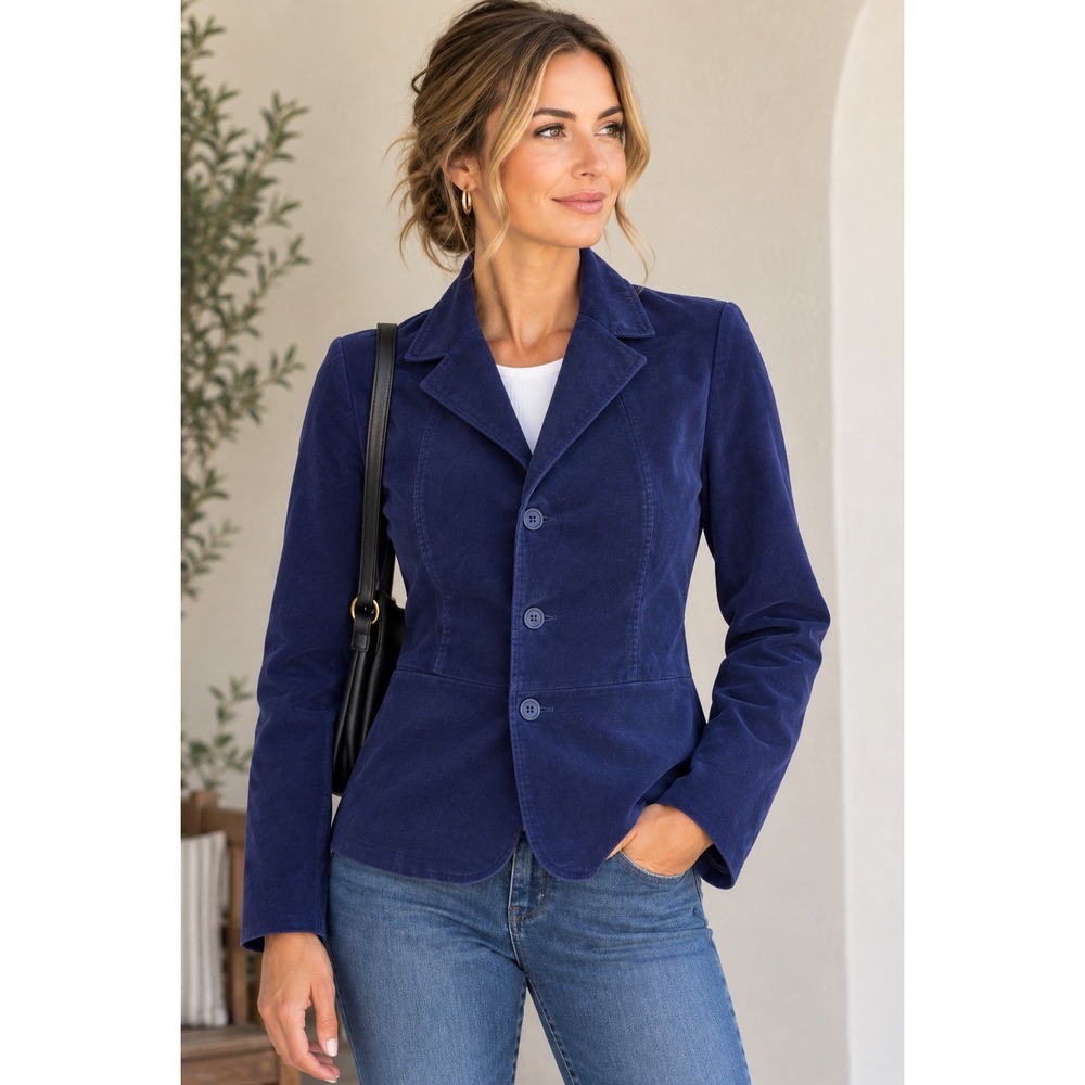 Talbots Womens Royal Blue Velvet Blazer Jacket Size 12 Peplum Back 3-Button